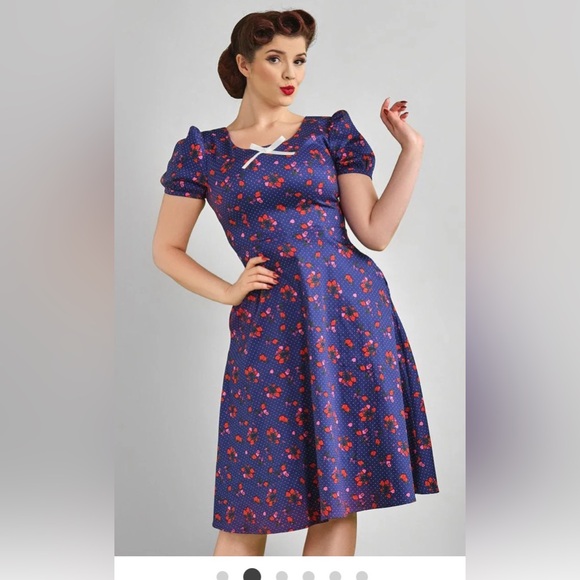 Collectif Dresses & Skirts - Collectif Leanne 50s Mixed Berries Navy Blue Swing Dress